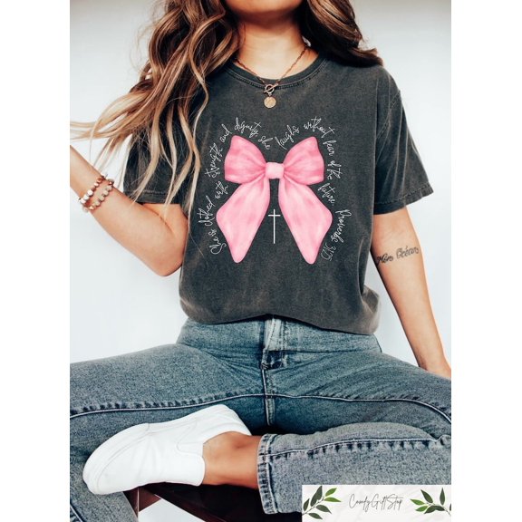 Retro Christian Shirts, Bible Verse Pink Bow Shirt, Coquette Christian T-Shirt, Women's Inspirational Shirt, Coquette Mommy