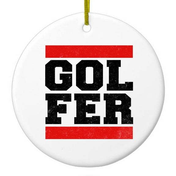 DistinctInk Hanging Ceramic Christmass Tree Ornament with Gold String - Great Gift / Present - 2 3/4 inch diameter - Golfer Word Art