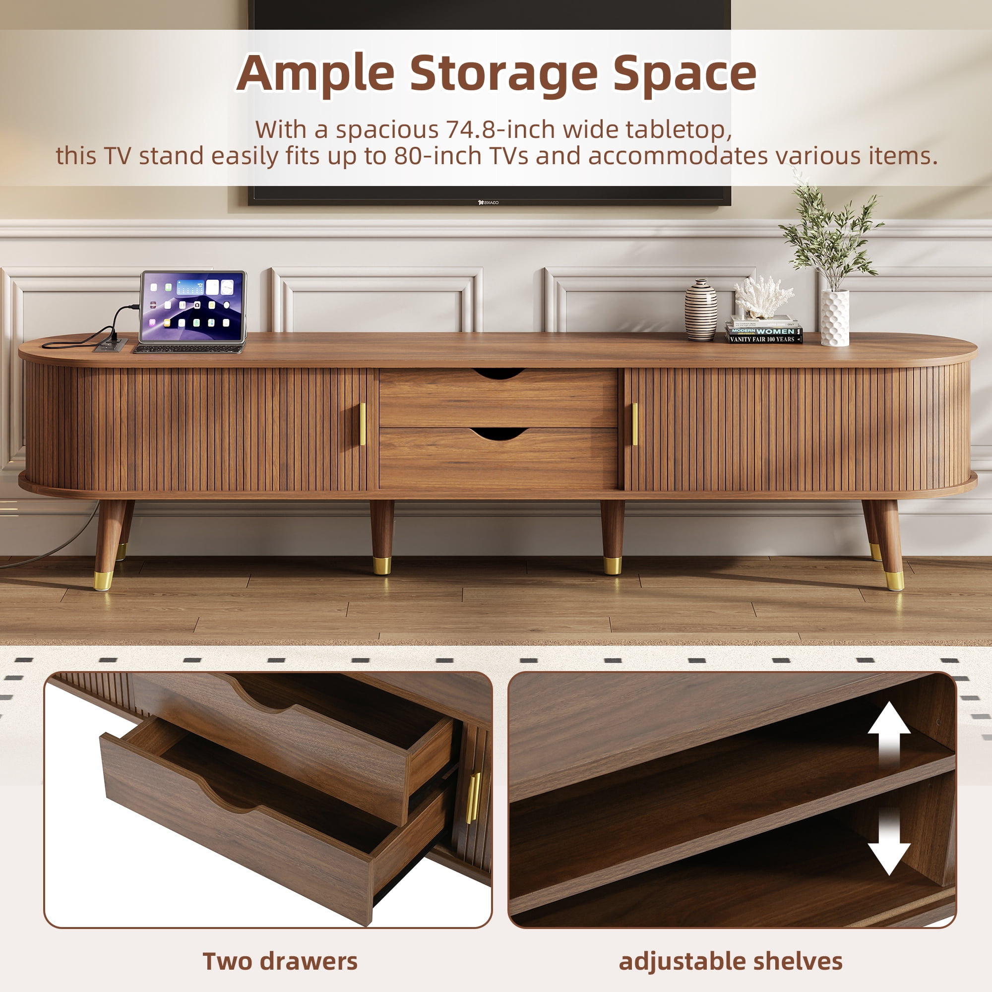 Euroco Mid-Century Modern Living Room Set with Coffee Table & TV Stand for TVs up to 80", Fluted Tambour Sliding Doors, Charging Stations with USB & AC Outlets, Solid Wood Legs，Walnut