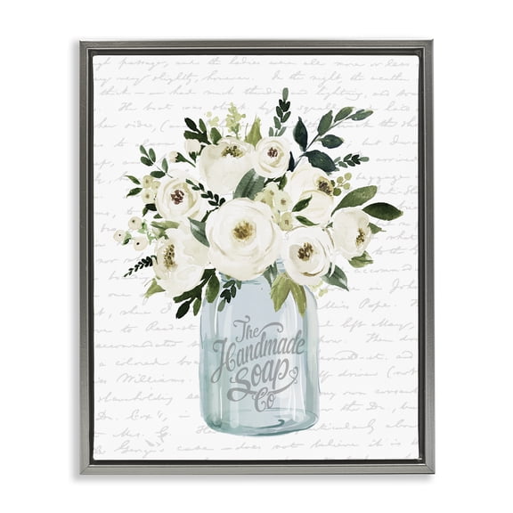 Stupell Industries Shabby Chic White Blooms Flower Bouquet Classic Jar Script Gray Floating Frame Canvas Art, 17 x 21, by Lettered and Lined