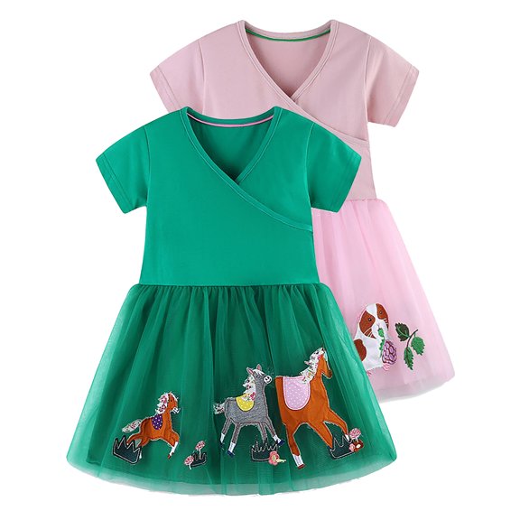 WIBACKER 2-7T Kids Baby Girl V Neck Short Sleeve Dress Cotton Casual Applique Tunic Tulle Dresses - Horse