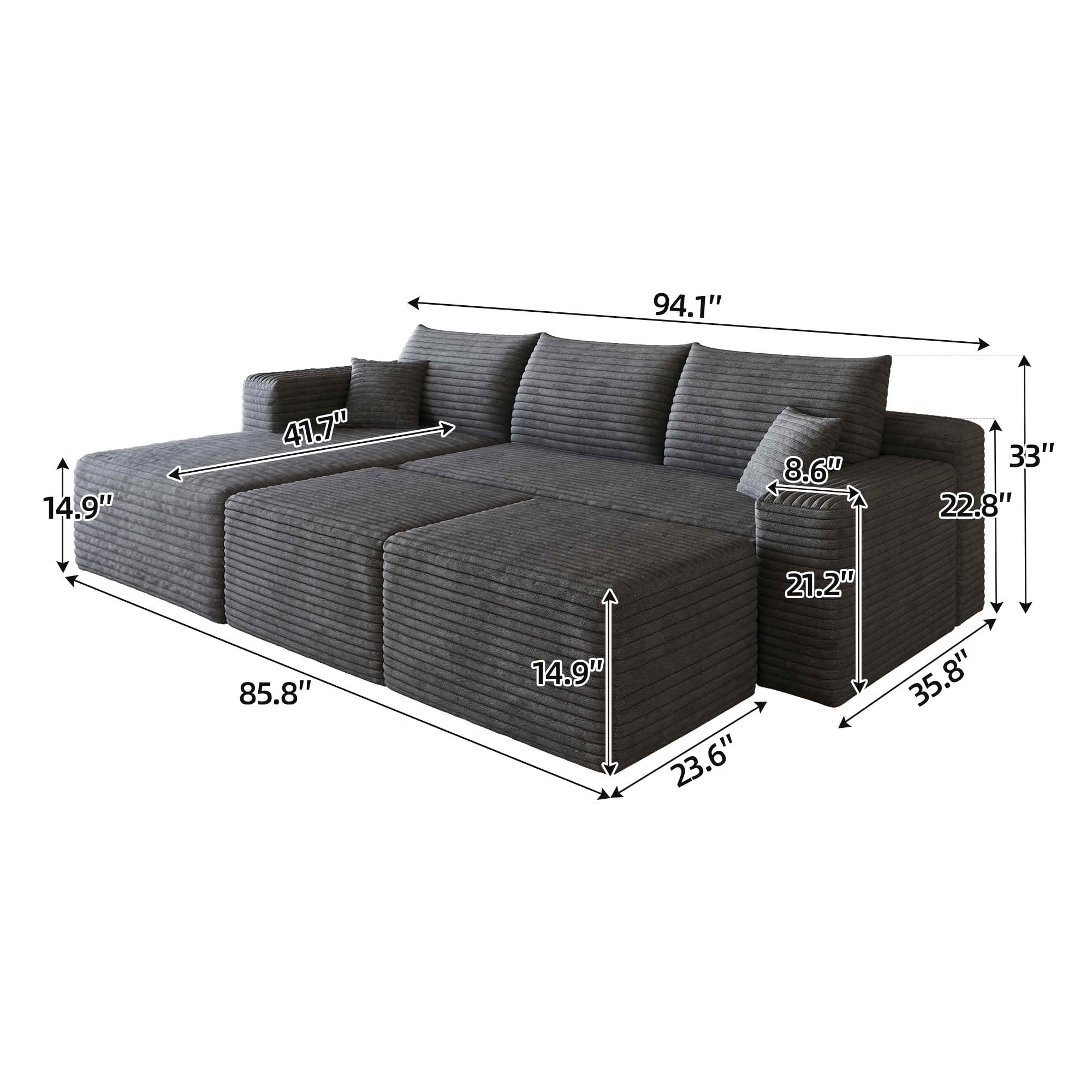 MAYEERTY 95" Cloud Sectional Sofa with 2 Ottomans, U-Shaped Corduroy Deep Seat Couch, No Assembly for Living Room, Dark Gray