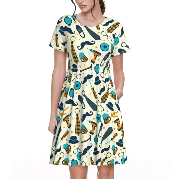 Easygdp Fathers day para Vestido Transpirable de Mujer, Vestido Suelto de Manga Corta con Pliegues y Bolsillos para el Verano