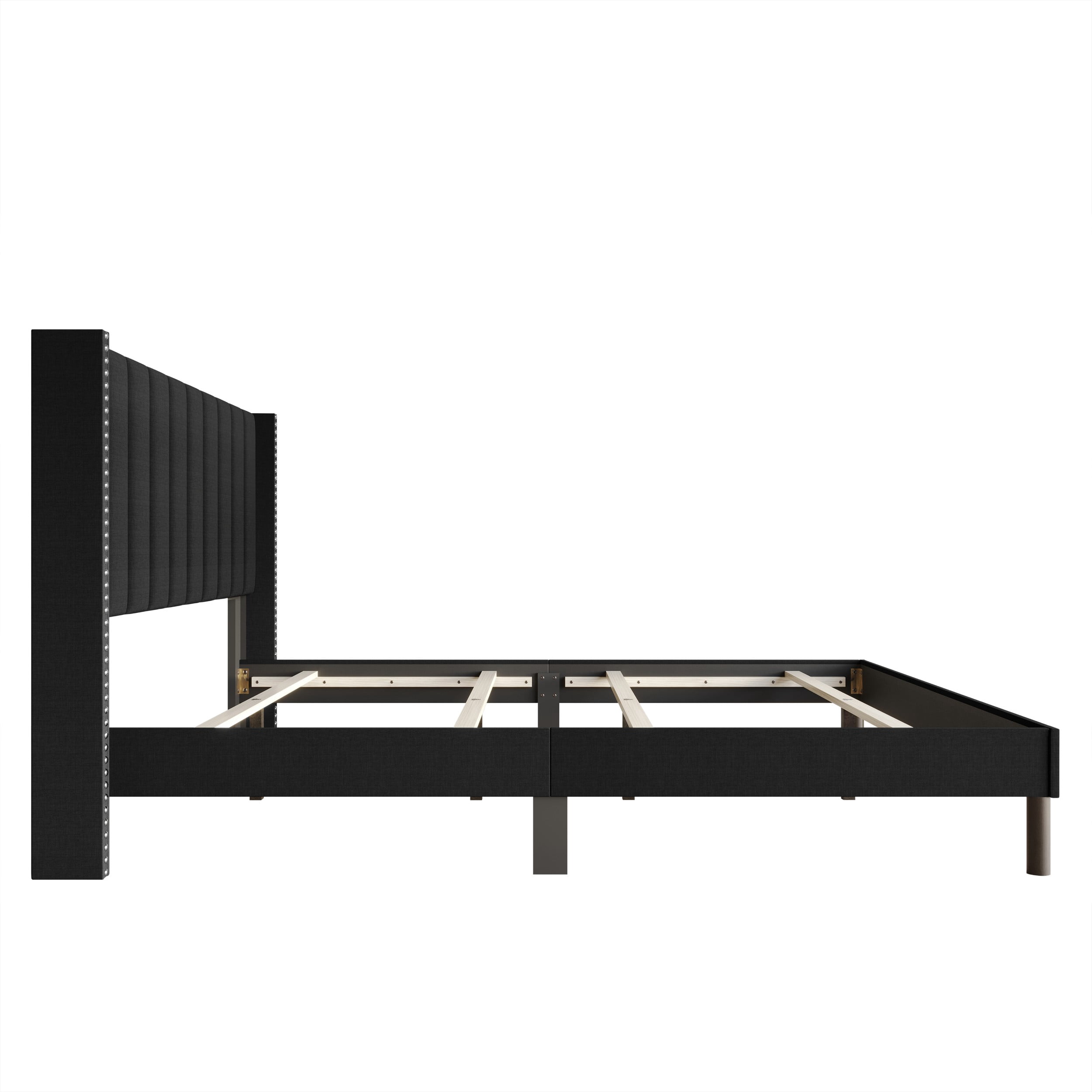 Home Design Odessa Full Linen Upholstered Wingback Panel Bed Frame with Vertical Channel Tufting & Nailhead Trim, Black, Easy Assembly