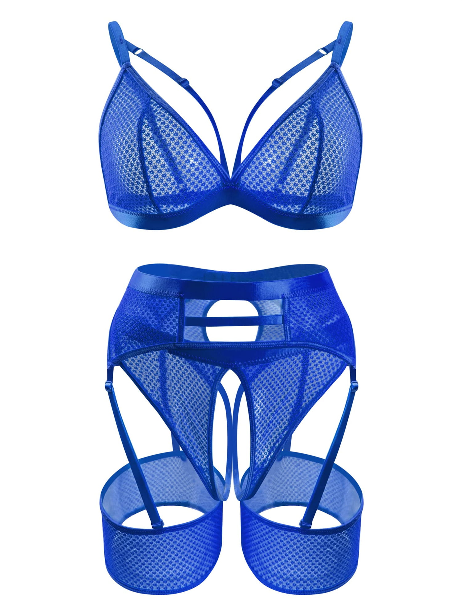 popiv 4 Piece Garter Lingerie for Women, Sexy Cutout Lingerie, Mesh Matching  Lingerie Set,Blue，L 