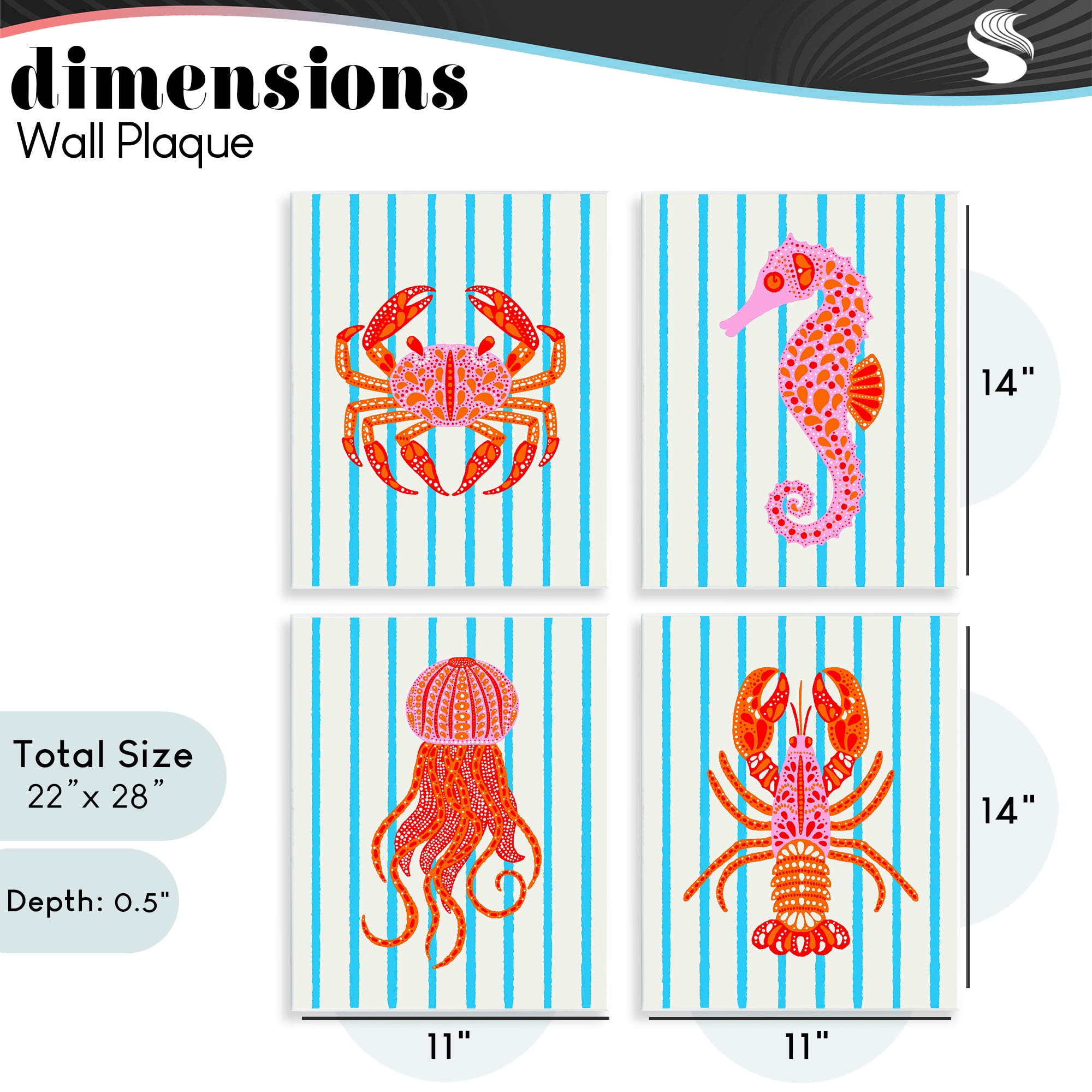 Stupell Industries Bright Sea Creatures on Stripes 4 Piece Wall Plaque Art Set, design by Indira Prieto | IndySign