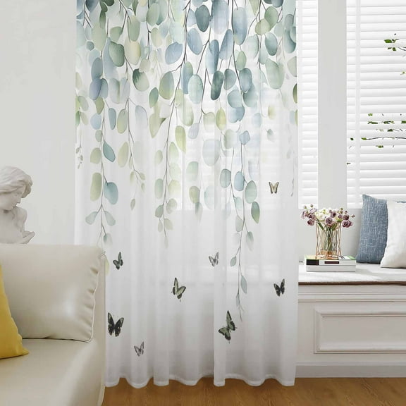 Blue Green Eucalyptus Semi Sheer Curtains Drapes for Living Room, Bedroom, French Doors Window 72 Inches Long, Sage Gradient Leaves Butterfly Rod Pocket Chiffon Curtain Drapery Voile Draperies Panel