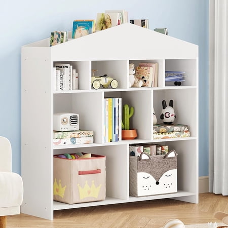 Kids Bookshelf and Toy Storage Organizer - Wooden 9-Cubby Display Bookcase for Playroom or Classroom White