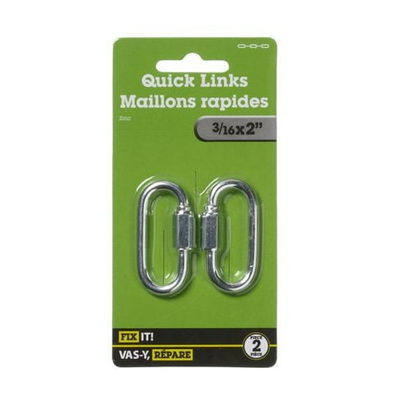 Maillons rapides 3/16 po x 3 po 2 pièces Conçu pour des réparations rapides de chaînes en acier doux et pour fixer un assemblage. Les maillons rapides ne nécessitent aucun outil pour l'assemblage.