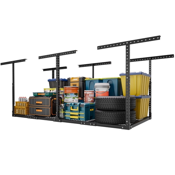 YOHKOH 3×8FT Overhead Garage Storage Rack, Heavy-Duty Adjustable Ceiling Shelving System (22"-42"H) , 600 lb Capacity