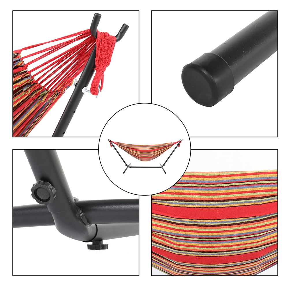 Private Jungle 9ft Steel Pipe Hammock Frame with Cotton Hammock, Natural Rope Iron Hammock Set For Garden, Outdoor, Red Private Jungle 9ft Steel Pipe Hammock Frame with Cotton Hammock, Natural Rope Iron Hammock Set For Garden, Outdoor, Red