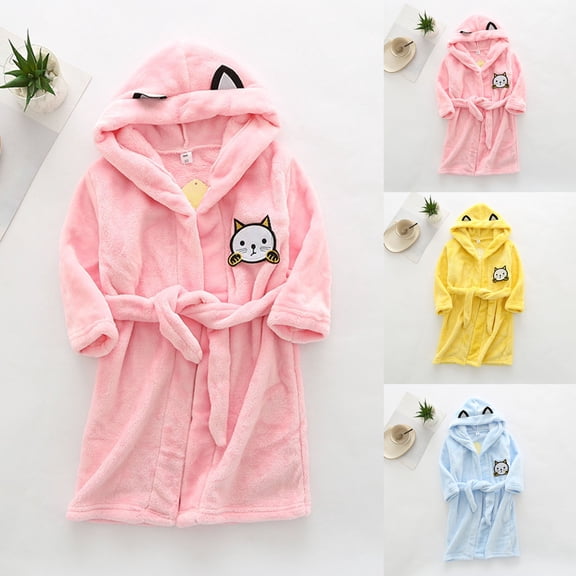 Boys Girls Cartoon Cat Fleece Hooded Robes Warm Bathrobe Kids Soft Fuzzy Wrap Loungewear for Shower Home
