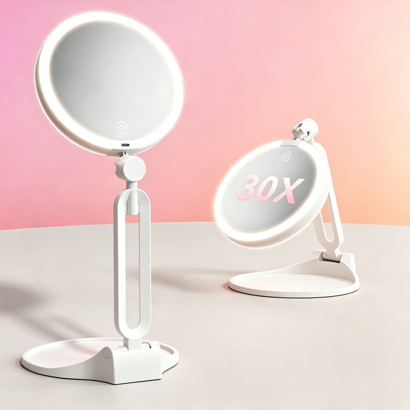 Liwantech Travel Makeup Mirror with Lights, 1X/30X Magnifying Light Up Mirror for Desk & Travel, Rechargeable Portable Double Sided Vanity Mirror, 3 Color Stepless Dimming