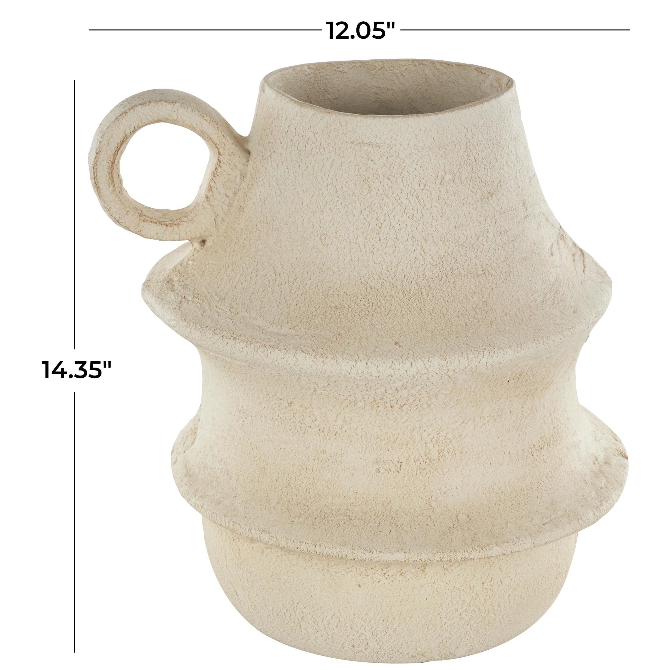 DecMode 14" Fluted Cream Paper Mache Vase with Brown Distressed Texturing and Ring Handle