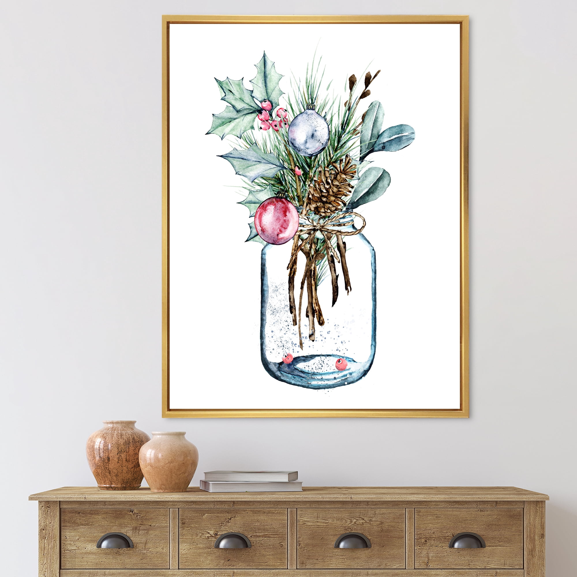 Designart 'Merry Christmas Bouquet In Transparant Jar' Traditional Framed Canvas Wall Art Print