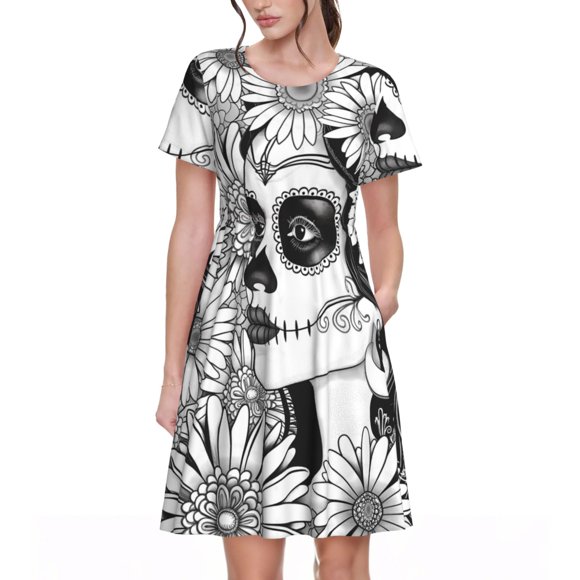 Naloa Floral Sugar Skull Portrait Print Womens Summer A-Line Dress with Pockets,Short Sleeve Dresses,Flowy Beach Swing Dress for Vacation Travel