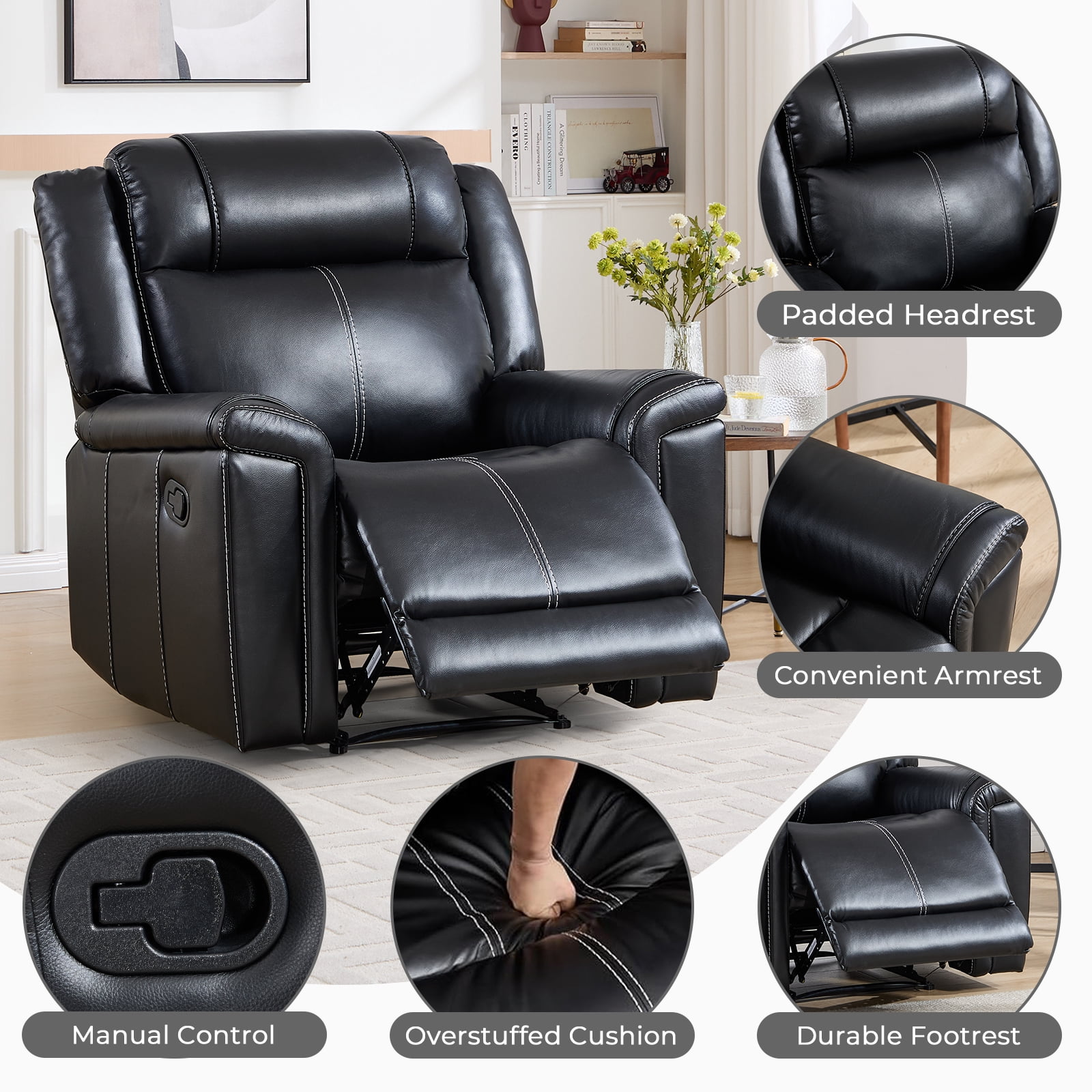 Ebello Faux Leather Manual Recliner, Mid-Century Modern Reclining Chair with Padded Headrest and Armrest for Living Room, Home Theater, Office, Black