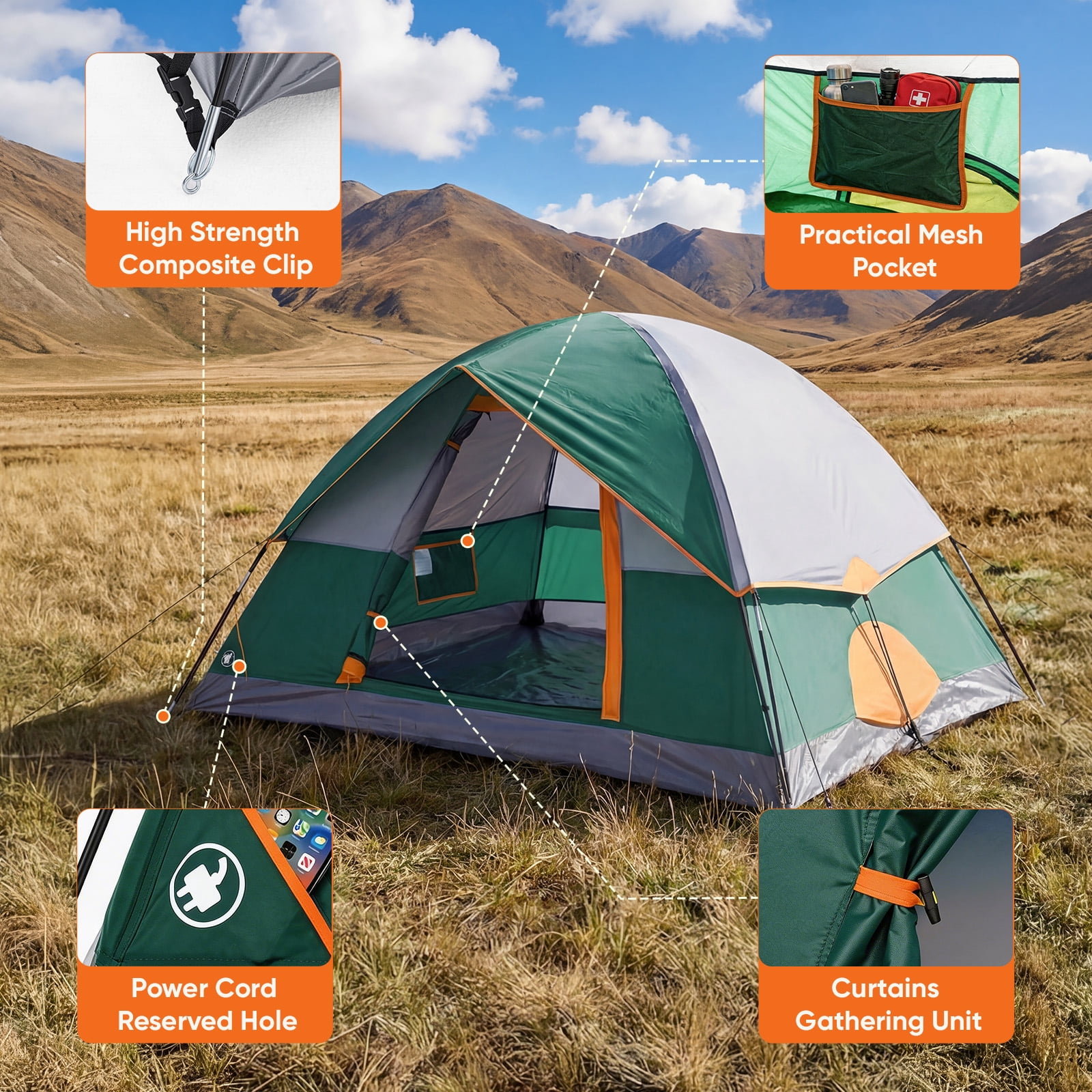 SHOUFTW 4 Person Waterproof Camping Tent with Rainfly, Easy Setup Dome Tent with Mesh Windows & Skylight Vent, Lightweight Portable Tent for Outdoor Camping, Hiking, Festivals & Backyard, Green