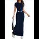 thumbnail image 3 of Vestido de Noche Ajustado, Elegante, Informal, con Cuello Redondo y Mangas para Mujer Azul Oscuro L, 3 of 9
