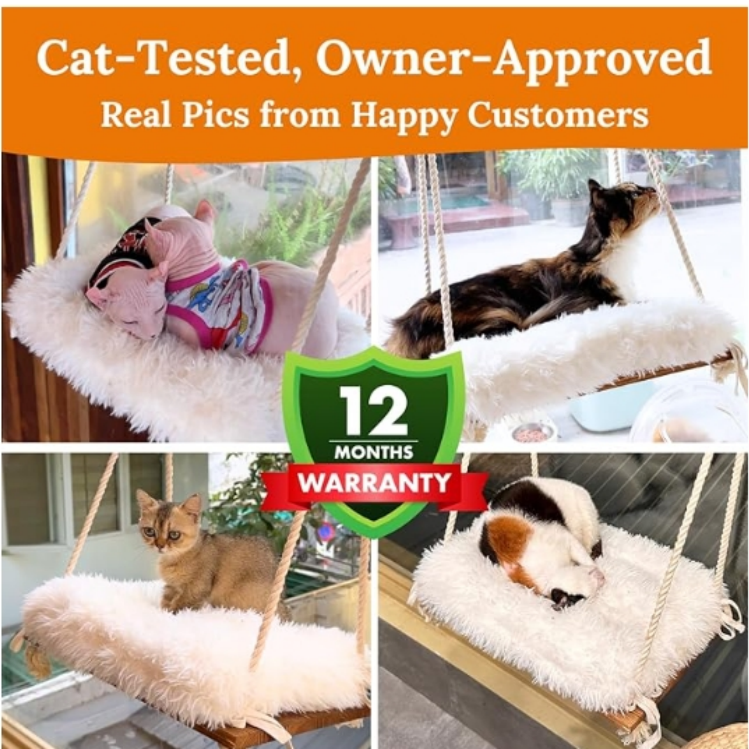 Cat Window Perch – Sturdy Cat Hammock with 4 Strong Suction Cups, Plush Faux Fur Cushion & Solid Wood Seat – Rustic Pet Bed for Indoor Cats