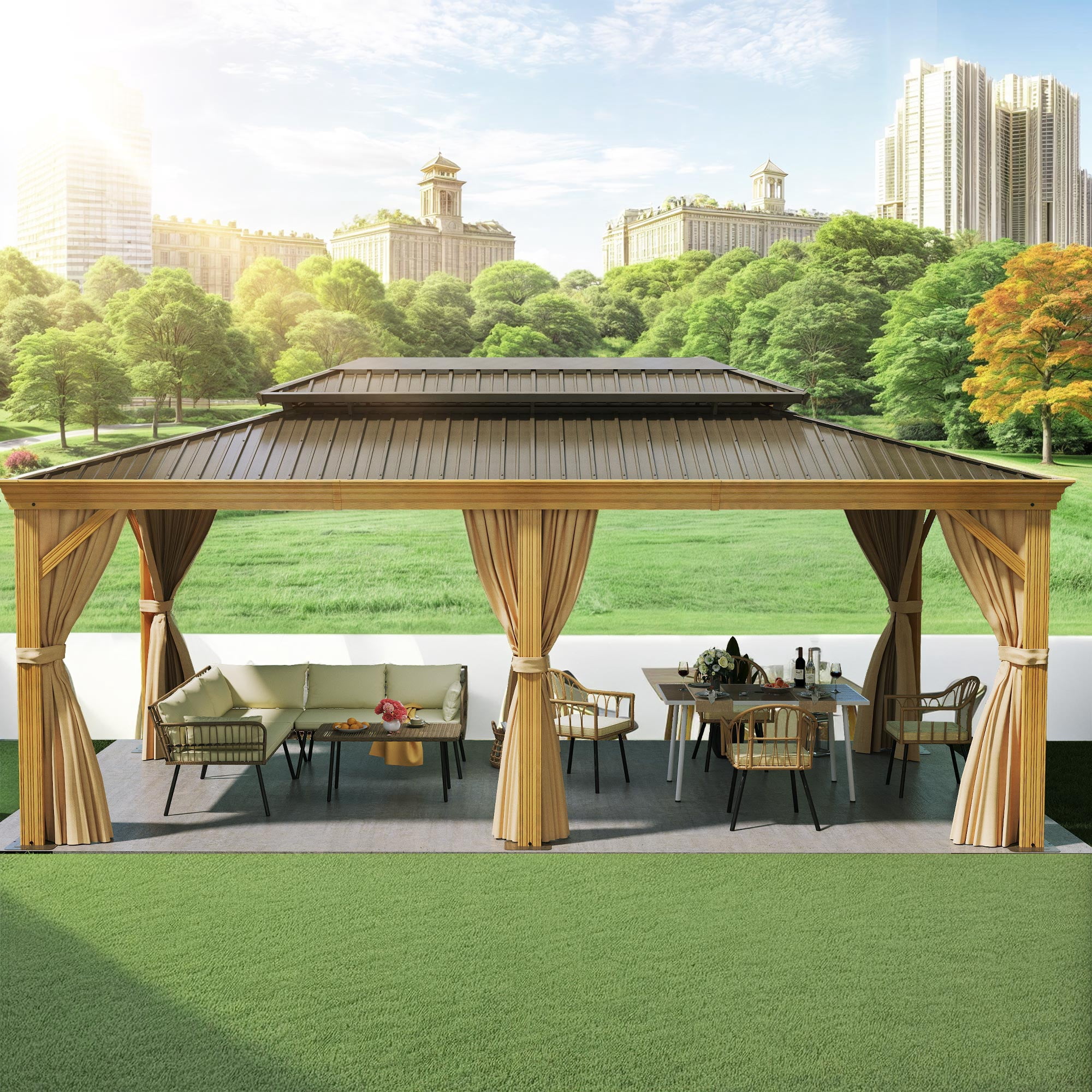 Dextrus 12x20FT Large Double Roof Hardtop Gazebo with Netting & Brown Curtains,Outdoor Galvanized Steel  Canopy,Garden Tent for Patio, Backyard, Brown