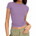 thumbnail image 3 of FUYUDY Women Tshirts Casual Ribbed Knit Slim Fit Short Sleeve T-Shirt Basic Solid Color Crew Neck Tee Tops For Daily Wear Relaxed Fit Female Dailywear, 3 of 7