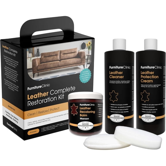 Furniture Clinic Leather Easy Restoration Kit | with Leather Recoloring Balm, Cleaner, Sponge, and Cloth | Leather Repair Kit for Scratched and Faded Furniture (Maroon)