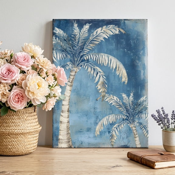 Canvas Wall Art Blue Palm Tree Canvas Art Print Tropical Plant Summer Abstract Pictures Wall Decor for Living Room Bedroom Artwork Decorations Stretched Framed Ready to Hang 11"x14"