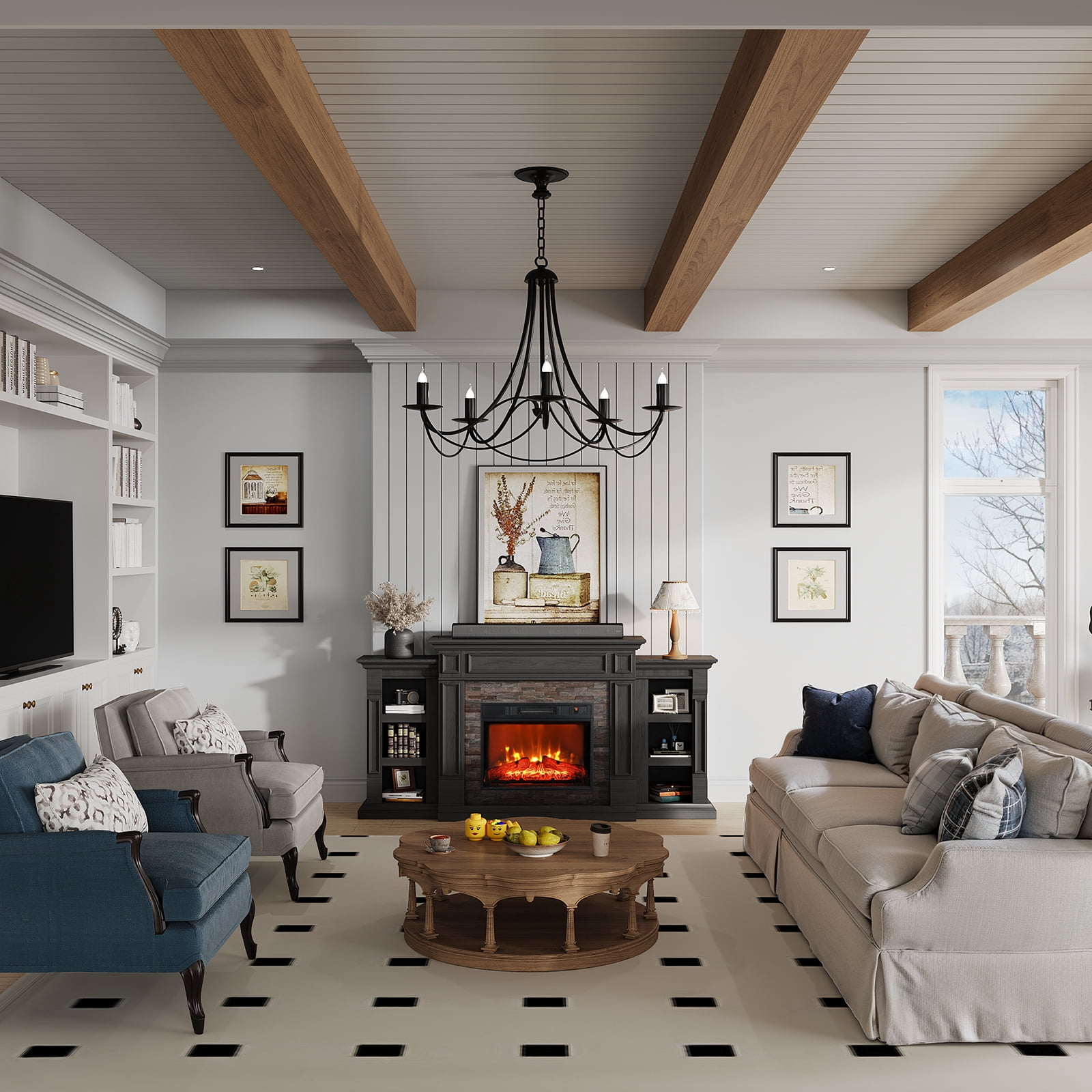 Holliwill 72" Electric Fireplace with Mantel, Farmhouse TV Stand for TVs up to 80", Entertainment Center with 23" Fireplace Insert Heater for Living Room, Bedroom, Black