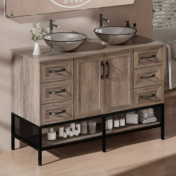 48" Bathroom Vanity with Vessel Freestanding Cabinet Open Shelves and 6 Drawers