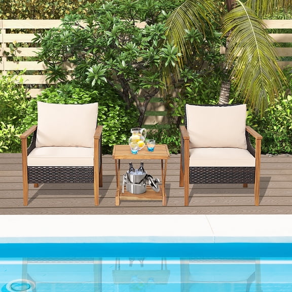 Gymax 3PCS PE Wicker Patio Bistro Set Outdoor Acacia Wood Set w/ 2-Tier Coffee Table
