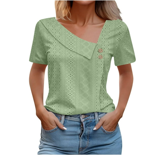 Camiseta holgada de manga corta con cuello en V y botones para mujer - 90 % poliéster + 10 % elastano - Transpirable y opaca - Informal/trabajo - Tallas S-XXL