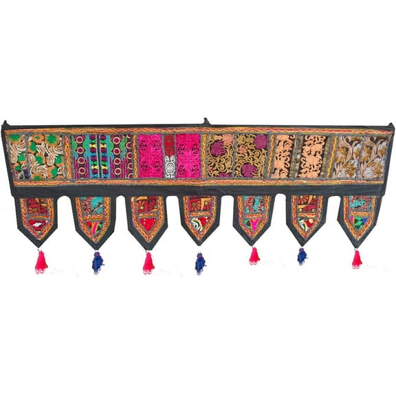 Rastogi Handicrafts Cotton Embroidered Patchwork Door Hanging Decoration Toran Size - 39" x 13" (Black)