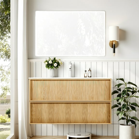 40" Floating Wall-mounted Bathroom Vanity, Solid Wood Cabinet With 2 Drawers And White Resin Sink