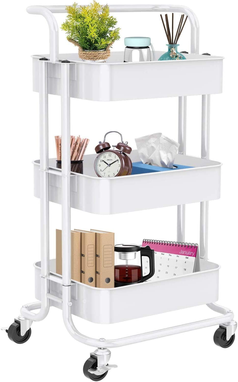 3-Tier Rolling Utility Cart, Multifunctional Metal Organization Storage Cart with 2 Lockable Wheels for Office, Home, Kitchen, Bedroom, Bathroom, ...