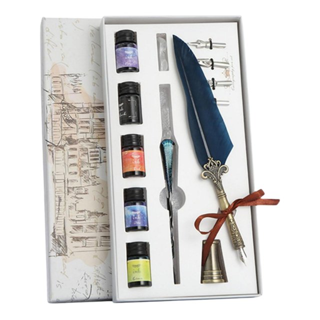 segolike Vintage Feather Pen Set Antique Writing Quill Ink Pen with navy blue