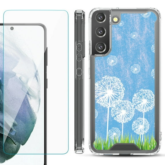 Shockproof Bumper Phone Case for Samsung Galaxy S22 5G, with Tempered Glass Screen Protector, by OneToughShield ® - Dandelion Sky