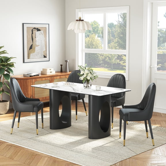 63" Rectangular Dining Table Set of 5, Sintered Stone Faux Marble Top and Dual Pedestal Base, 4 Upholstered Faux Leather Chairs, Modern Style for Kitchen, Living Room