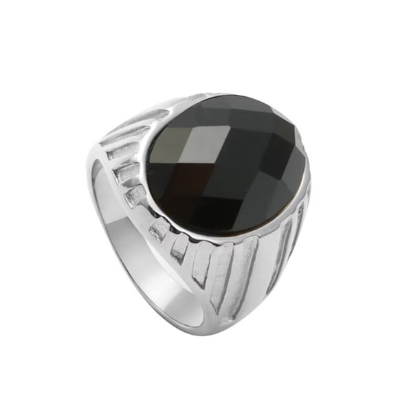 PAMTIER Men's Stainless Steel Vintage Simple Classic Oval Black Gemstone Signet Ring Special Flower Patter Carved Wedding Band Silver Size 7