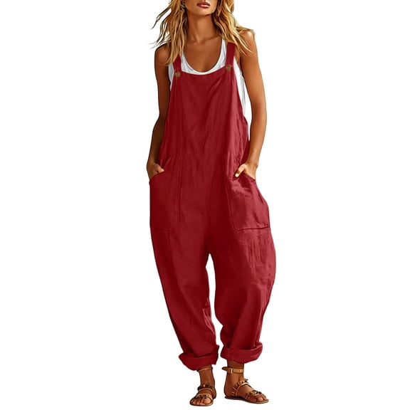 TEAJOPSUU Women's Cotton Blend Jumpsuits Casual Summer Overalls with Pockets Loose Sleeveless Wide Leg Rompers Red