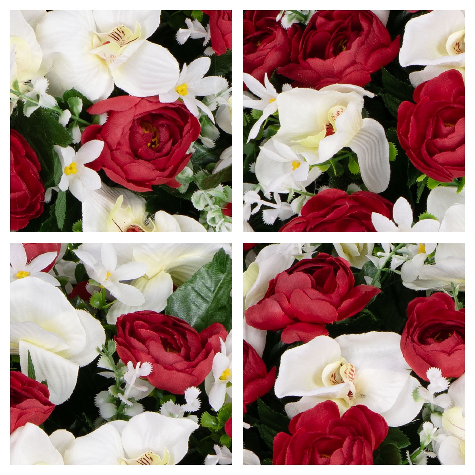 Sympathy Silks Artificial Cemetery Flowers - Red Cabbage Rose and White Orchid - Saddle for Headstone