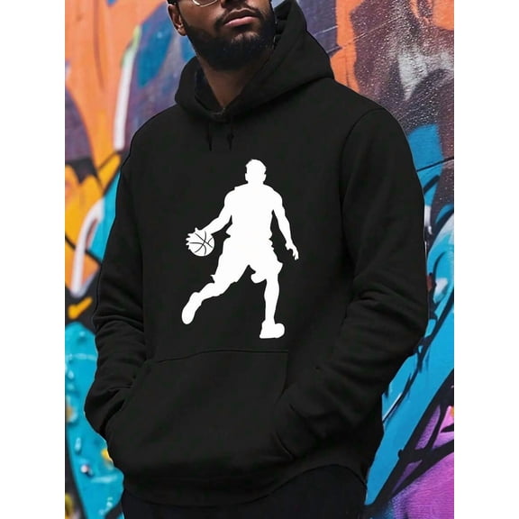 Men's Printed Hooded Sweatshirt - Red And White Basketball Pattern, Autumn And Winter Casual Sportswear, Long Sleeve Pullover, Ideal Gift For Fans, Winter Clothing, Street Style, High-Quality Stitchi