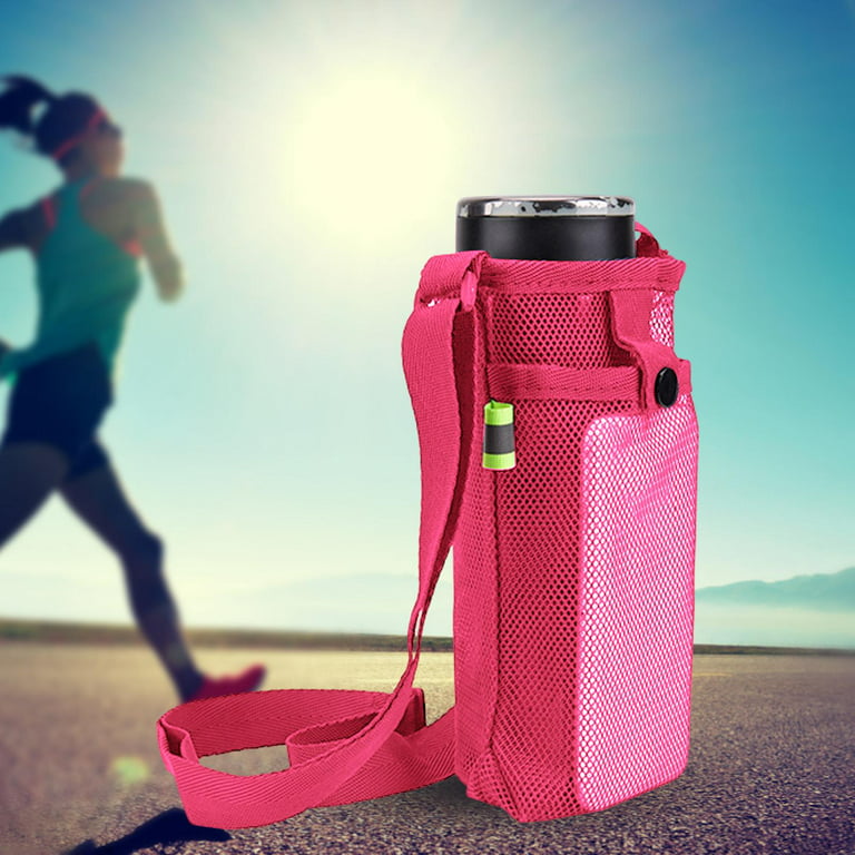 Nylon Water Bottle Holder Pouch Pocket Mesh Adjustable Strap Water Bottle  Carrier Bag Case for Outdoor Sport Activities Gym Traveling , Rose Red