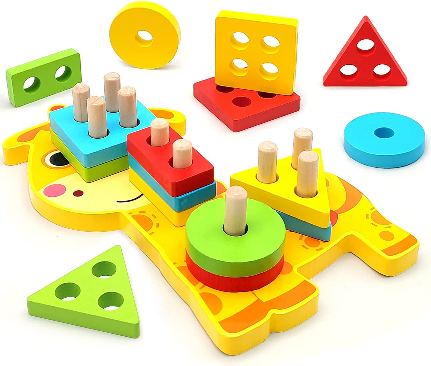 Wooden Geometric Shape Sorter and Colors Recognition Stacking Toys for Toddlers 