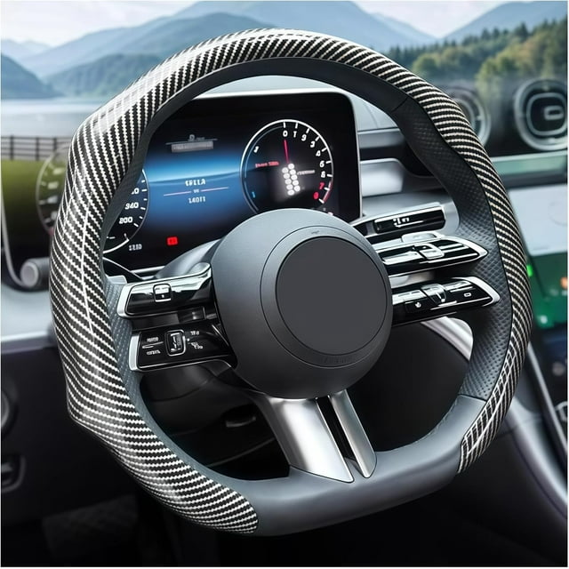 Carbon Fiber Car Steering Wheel Cover, Leather Non-Slip Vehicle Steering Wheel Cover for 14.5-15 Inch, Comfortable Auto Interior Protector Decoration Accessories, Universal Fit