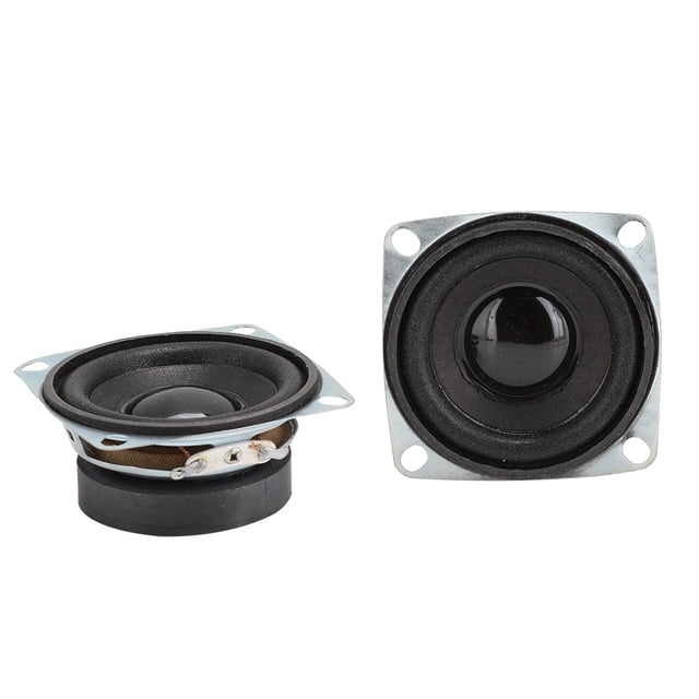 altavoz bluetooth de rango completo de graves potentes de alta sensibilidad 2 uds 2 pulgadas 4ω 3w par de bocinas compactas, una de frente y otra en perfil; cono negro de 2" (≈53 mm) con cúpula central brillante, marco cuadrado con cuatro orificios de montaje, imán y terminales visibles, potencia 3W e impedancia 4Ω. Suelen utilizarse en altavoces multimedia y proyectos DIY de audio.