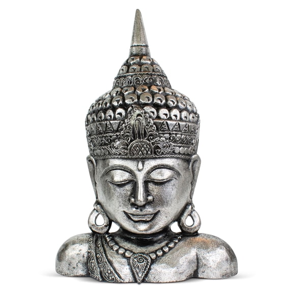 19" Silver Buddha Bust – Hand Finished Decorative Sculpture, Zen Spiritual Home Accent
