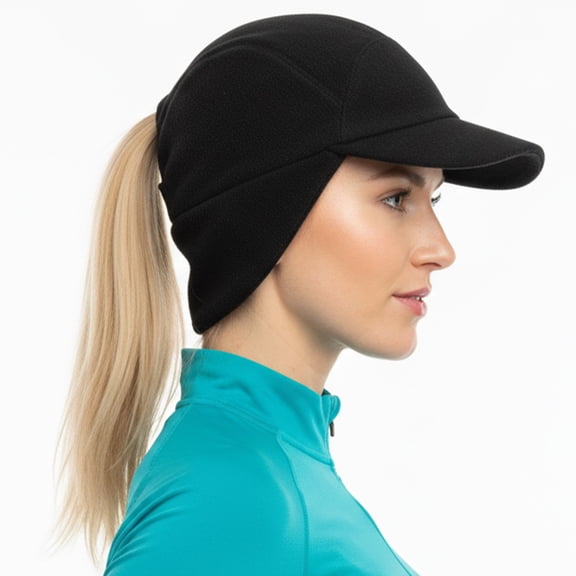 AYAMAYA 1Pack Women's Fleece Ponytail Hat with Drop Down Earflap, Stretchy Warm Winter Hat with Ponytail Hole for Running Hiking, Black