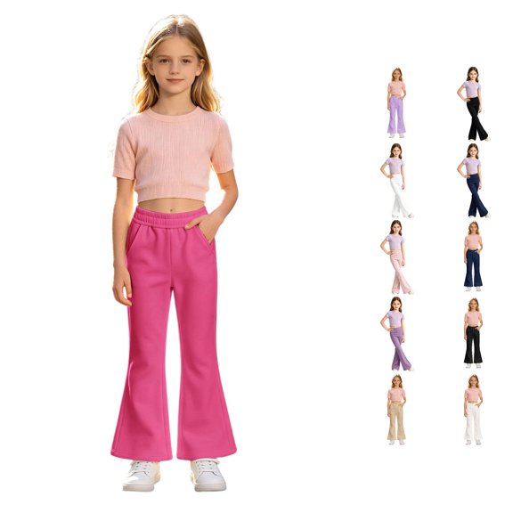 WhouRiu Girls Casual Flared Pants Solid Color Elastic Waist Sports Trousers Kids Back To School Comfortable Versatile Yoga Pants,9-10 Years