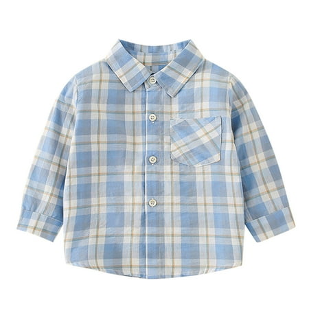 

Toddler Girl Boy Button Down Outfit Plaid Long Sleeve Shirts Top Size 90 Blue
